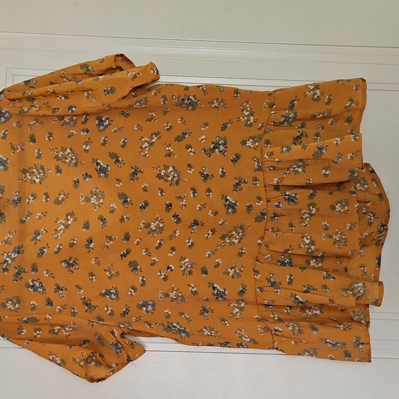 Orange Floral Button-Down V-Neck Blouse, Lightweight, Sheer, Sz XL - Picture 6 of 8